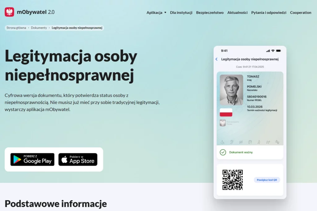 Zrzut ekranu z serwisu mObywatel dot. usługi legitymacji osób niepełnosprawnych